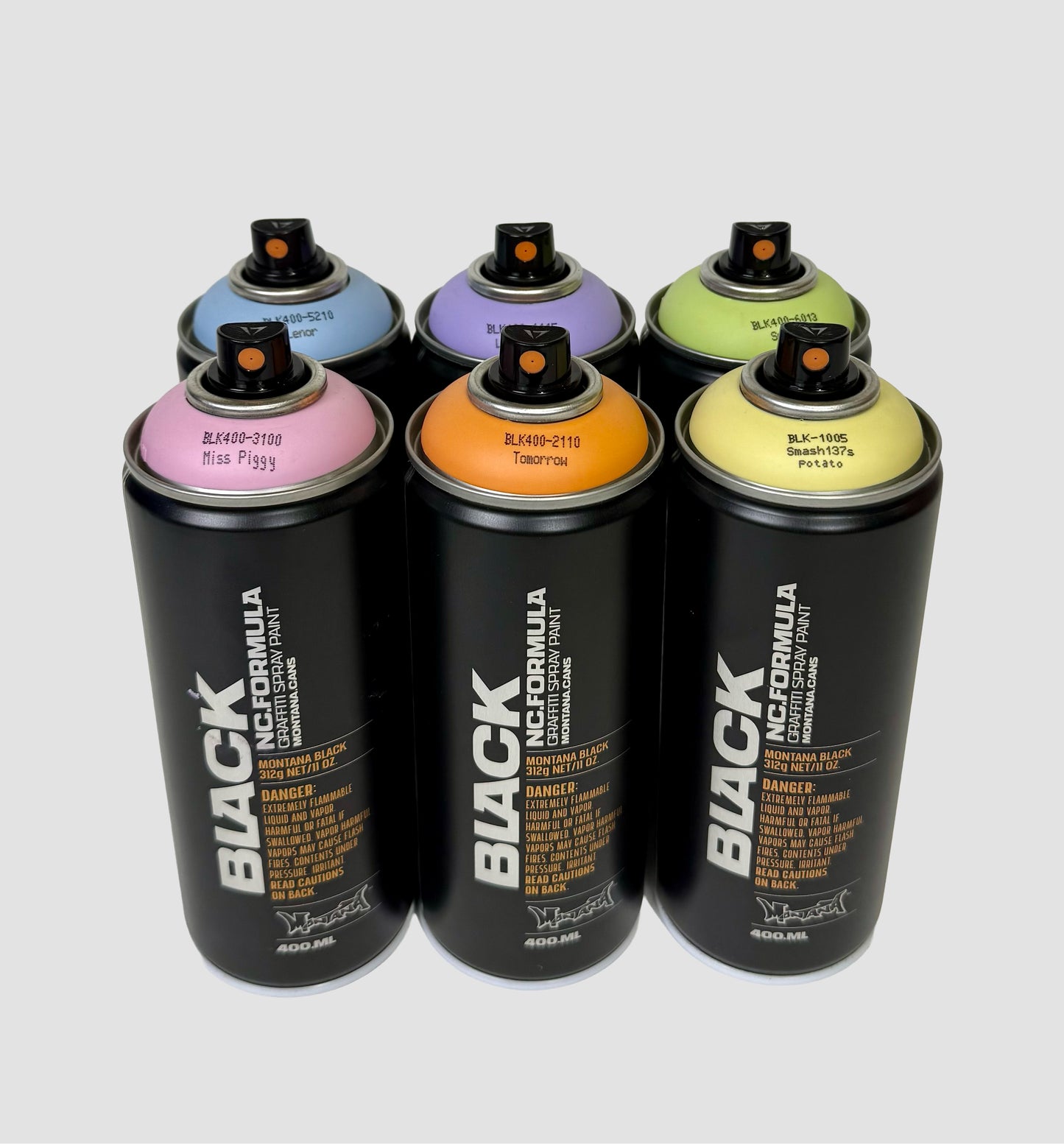 6-pack pastel kleuren Montana Black spuitbussen. Hoge druk spuitverf geschikt voor bespuiten meubels en graffiti, street art