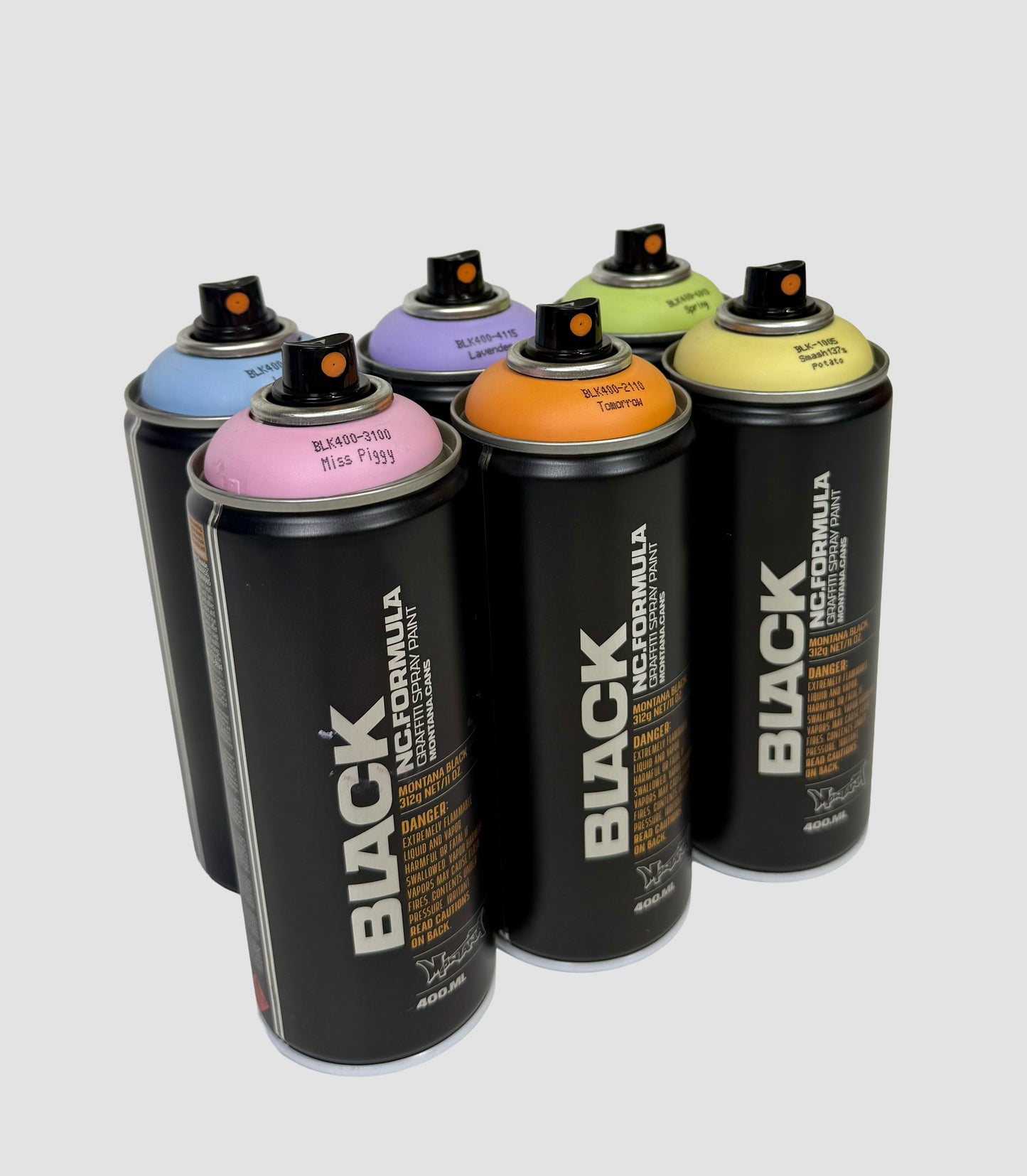 6-pack pastel kleuren Montana Black spuitbussen. Hoge druk spuitverf geschikt voor bespuiten meubels en graffiti, street art