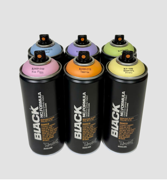 6-pack pastel kleuren Montana Black spuitbussen. Hoge druk spuitverf geschikt voor bespuiten meubels en graffiti, street art